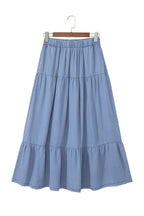 Denim Ruffle Tiered Flared Maxi Skirt