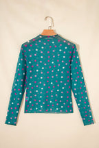 Polka Dot Mesh Bodycon Mock Neck Top