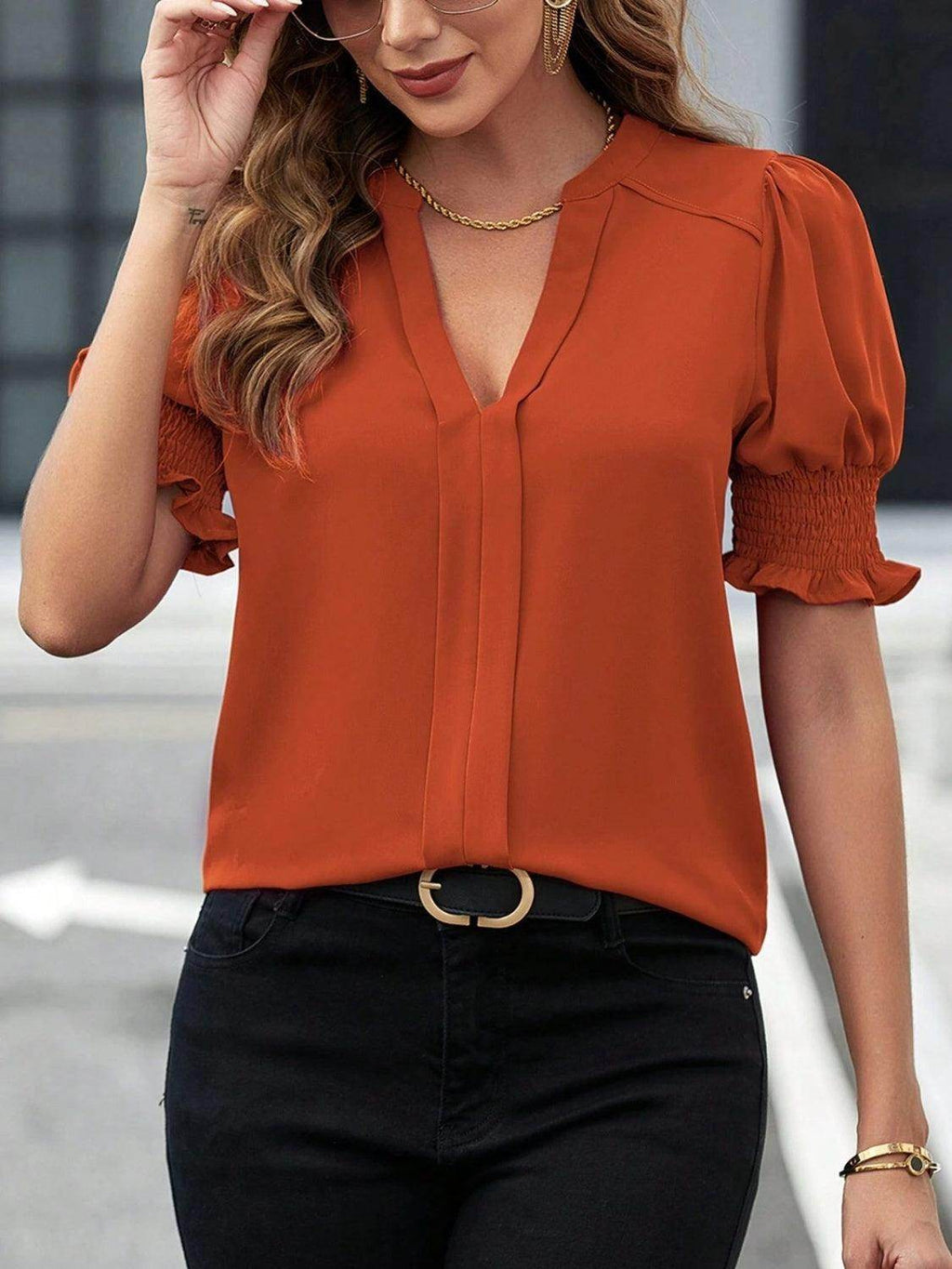 Notched Short Sleeve Blouse - VacationGrabs