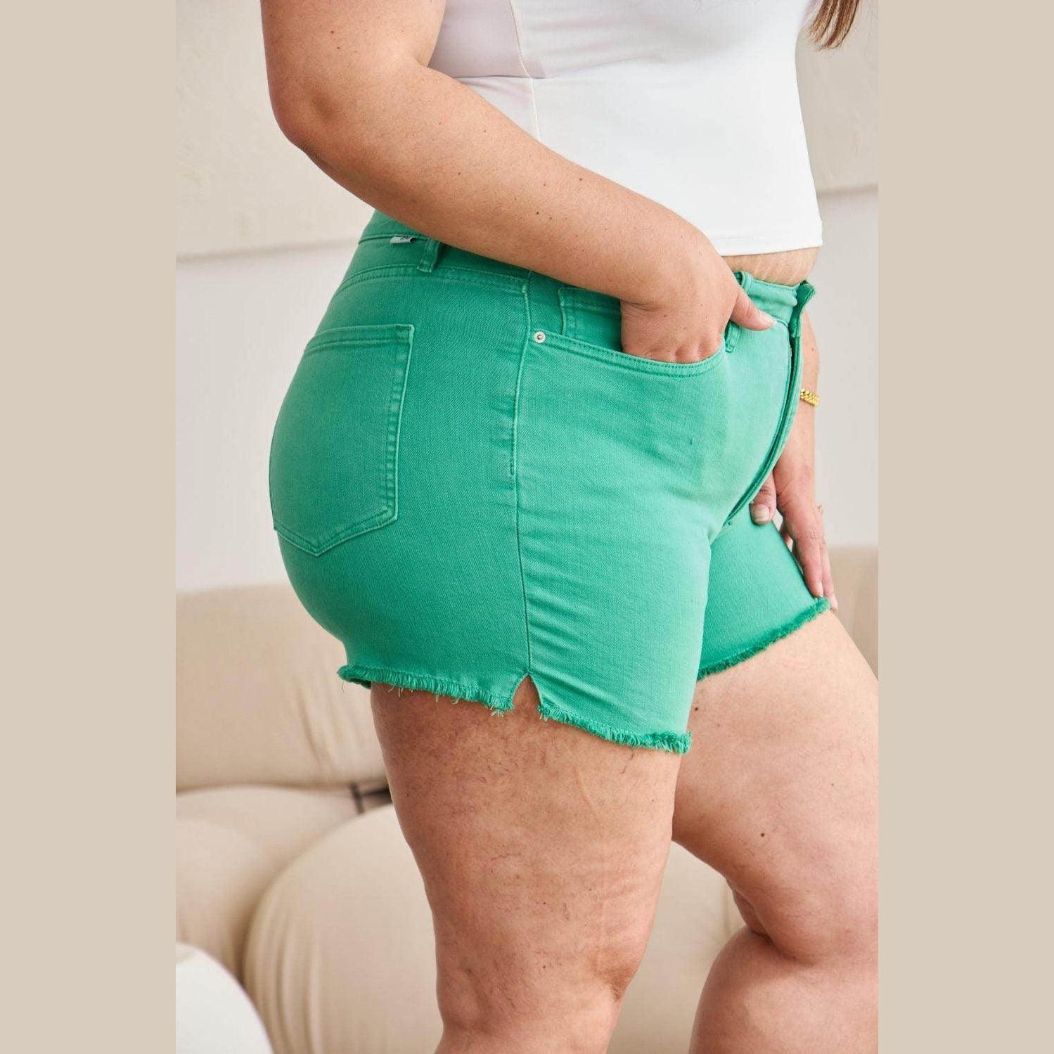 RFM Tummy Control High Waist Raw Hem Denim Shorts - VacationGrabs