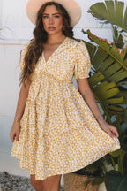 Floral V-Neck Short Sleeve Tiered Mini Dress