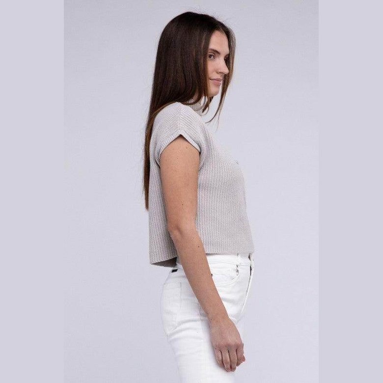 Mock Neck Short Sleeve Cropped Sweater - VacationGrabs
