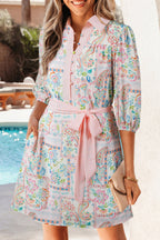 Boho Floral Colorblock 3/4 Sleeve Belted Mini Dress