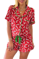 Women's Sleepwear/LoungewearRed Christmas Candy Cane Print Pocketed Knotted Pajama Set - VacationGrabs