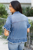 Women's Coats & JacketsPeacock Blue Raw Edge Ruffled Short Sleeve Denim Jacket - VacationGrabs