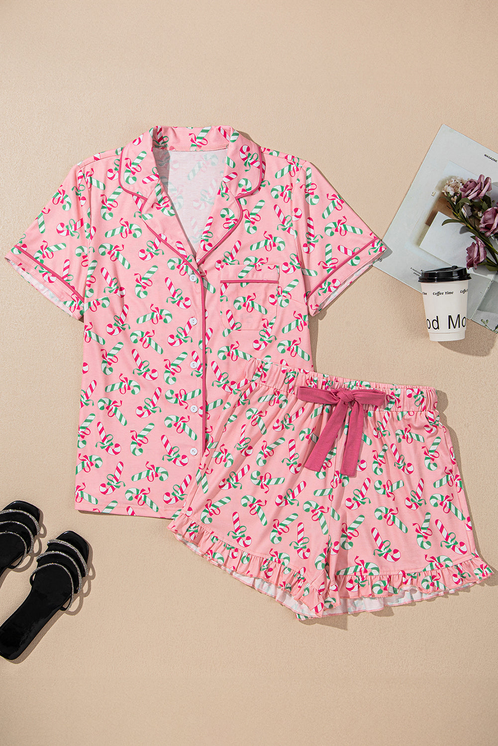 Women's Sleepwear/LoungewearPink Christmas Candy Cane Print Pocketed Knotted Pajama Set - VacationGrabs