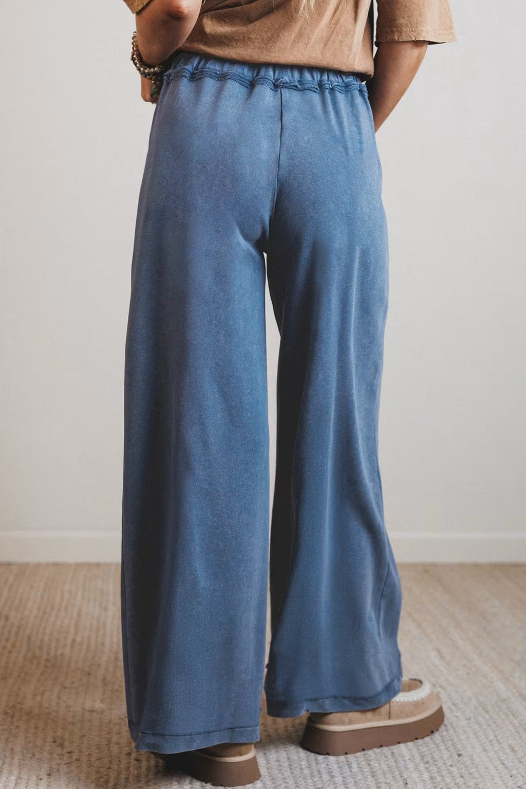 Solid Mineral Wash Drawstring Wide Leg Pants
