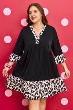 Plus Size Leopard Patchwork V-Neck Ruffle Dress