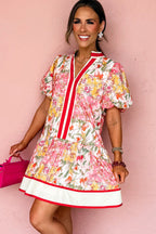 Floral Colorblock Trim V-Neck Ruffle Mini Dress