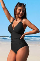 Scalloped V Neck Cut Out Monokini Swimwear - VacationGrabs