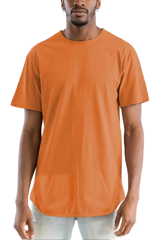 Man wearing an orange t-shirt against a white background