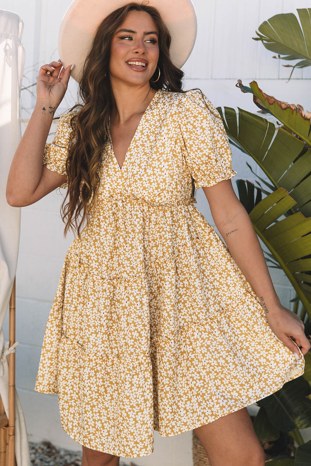 Floral V-Neck Short Sleeve Tiered Mini Dress