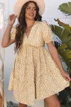 Floral V-Neck Short Sleeve Tiered Mini Dress