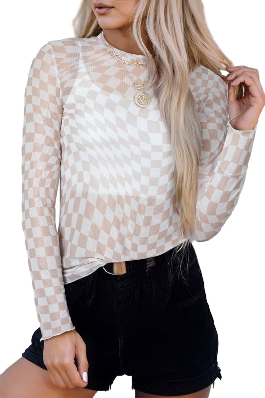 Long sleeve checkerboard shirt women in beige and white design paired with black shorts