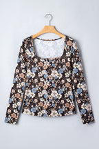 Leopard & Floral Square Neck Long Sleeve T-Shirt