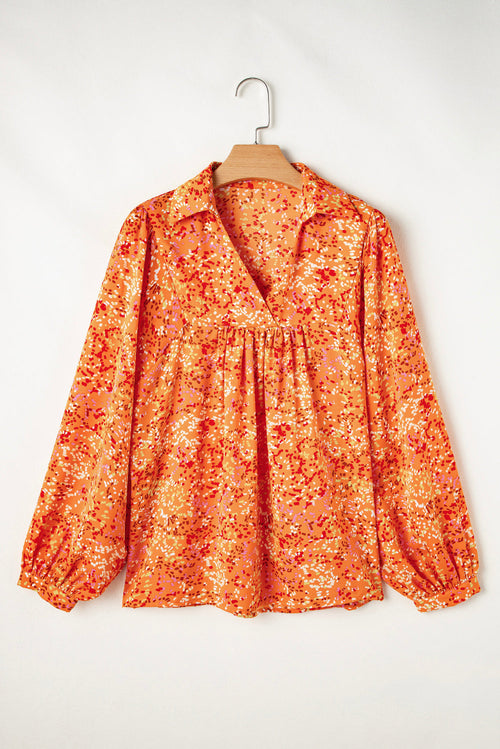 Abstract Collared V-Neck Babydoll Blouse