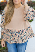 Beige Faux Two Piece Knit Patchwork Floral Print Plus Size Top