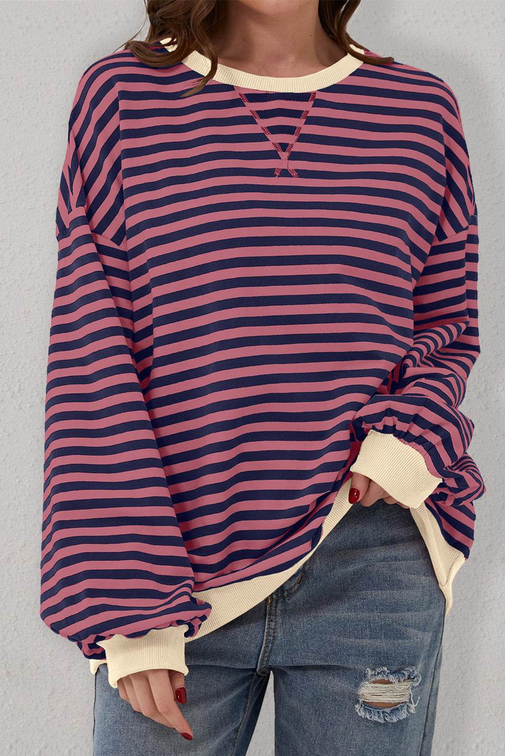 Red Stripe Oversized Contrast Trim Pullover Sweatshirt - VacationGrabs
