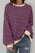 Red Stripe Oversized Contrast Trim Pullover Sweatshirt - VacationGrabs