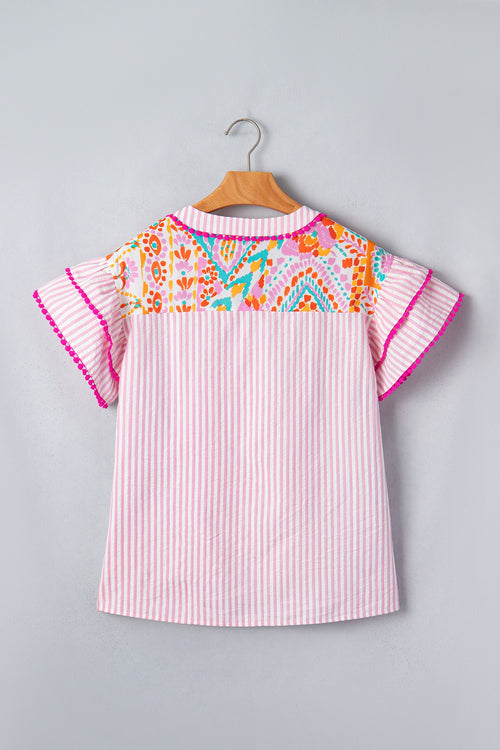 Boho Contrast Trim Patchwork Tiered Short Sleeve Blouse