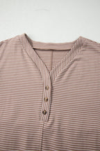 Stripe Buttoned V-Neck Short Sleeve T-Shirt