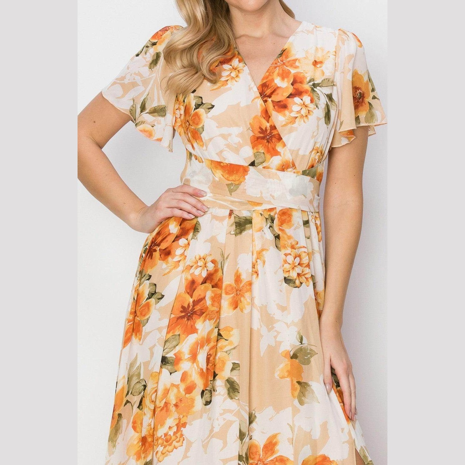 HYFVE Floral Tie Back Short Sleeve Slit Maxi Dress - VacationGrabs