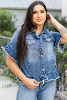 Women's Coats & JacketsPeacock Blue Raw Edge Ruffled Short Sleeve Denim Jacket - VacationGrabs