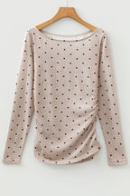 Polka Dot Boat Neck Long Sleeve Ruched T-Shirt
