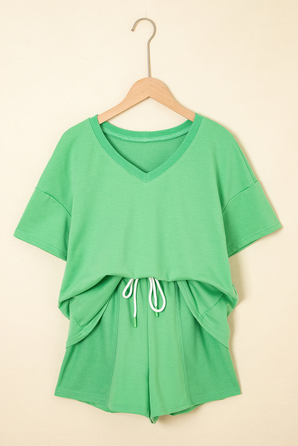 Bonbon V Neck Drop Shoulder Tee and Patchwork Drawstring Elastic Waistband Shorts Set