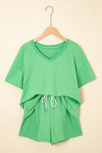 Bonbon V Neck Drop Shoulder Tee and Patchwork Drawstring Elastic Waistband Shorts Set