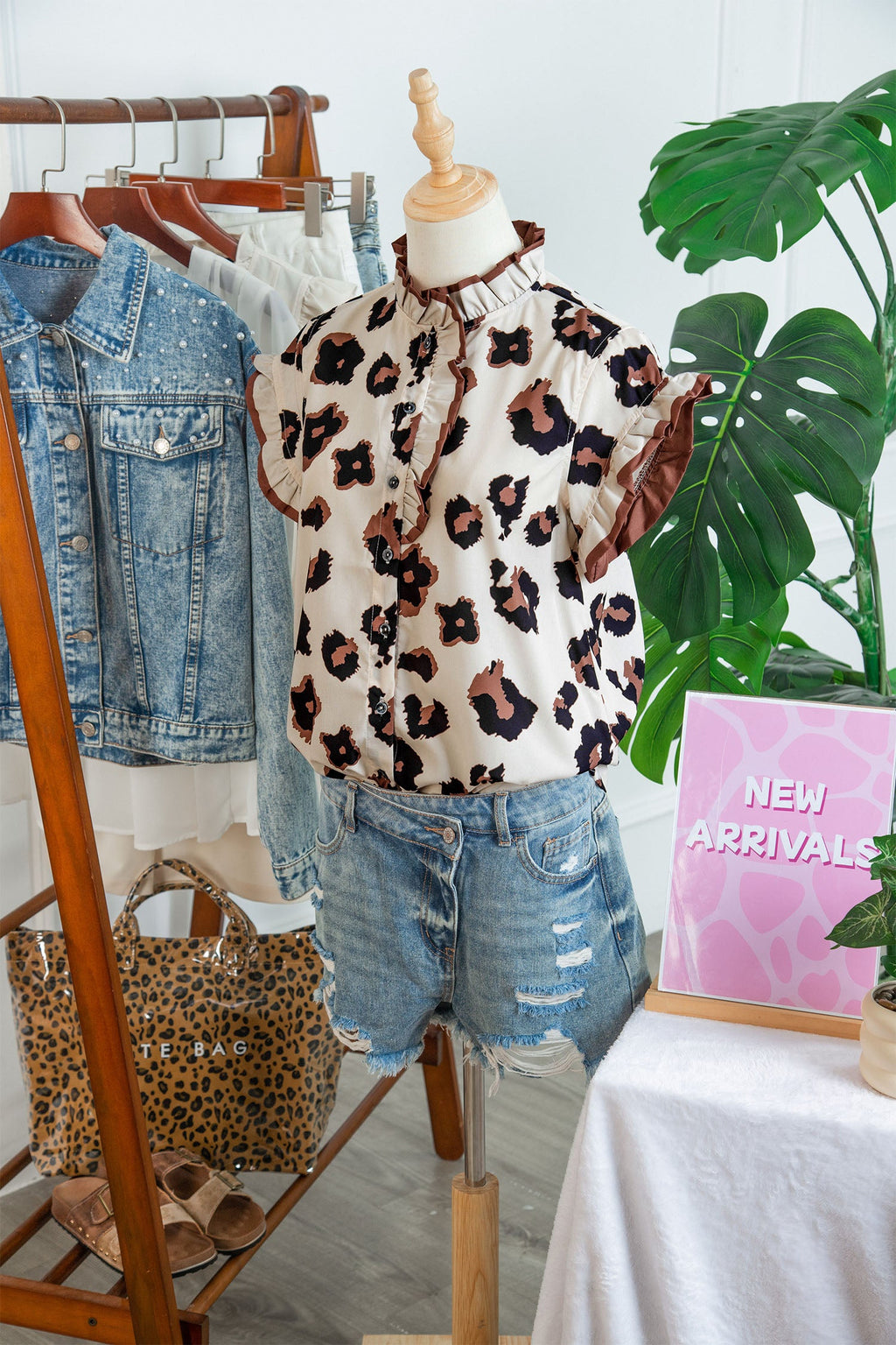 Leopard Ruffle Sleeve Button Up Blouse
