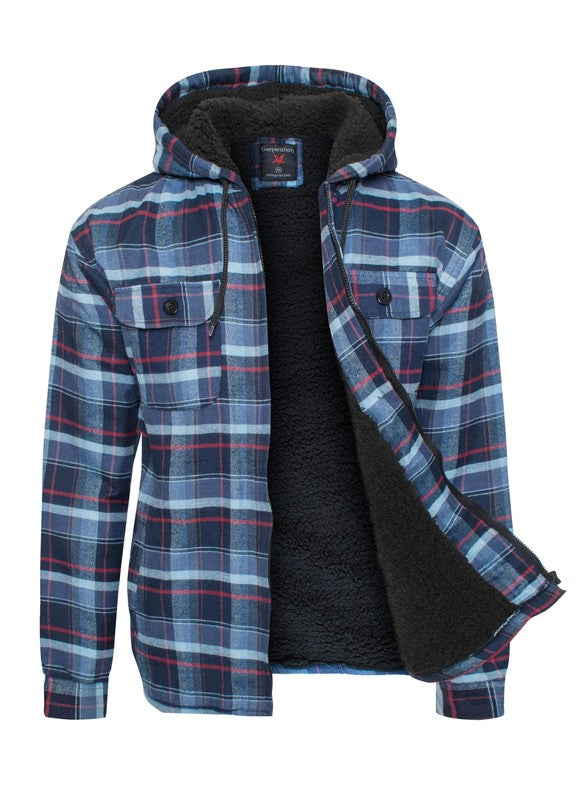 Men's JacketsMen's Flannel Sherpa Lined Jacket with Hood - VacationGrabs