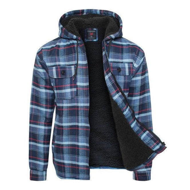 Men's Flannel Sherpa Lined Jacket with Hood - VacationGrabs