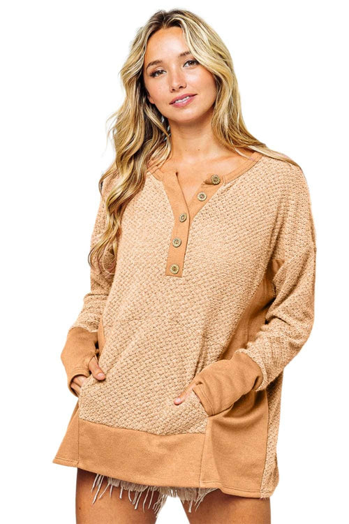 BiBi Thumb Opening Long Sleeve Top with Kangaroo Pocket - VacationGrabs