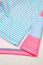 Blue Stripe Colorblock Patchwork Zip up Plus Size Pullover