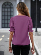 Notched Short Sleeve Blouse - VacationGrabs