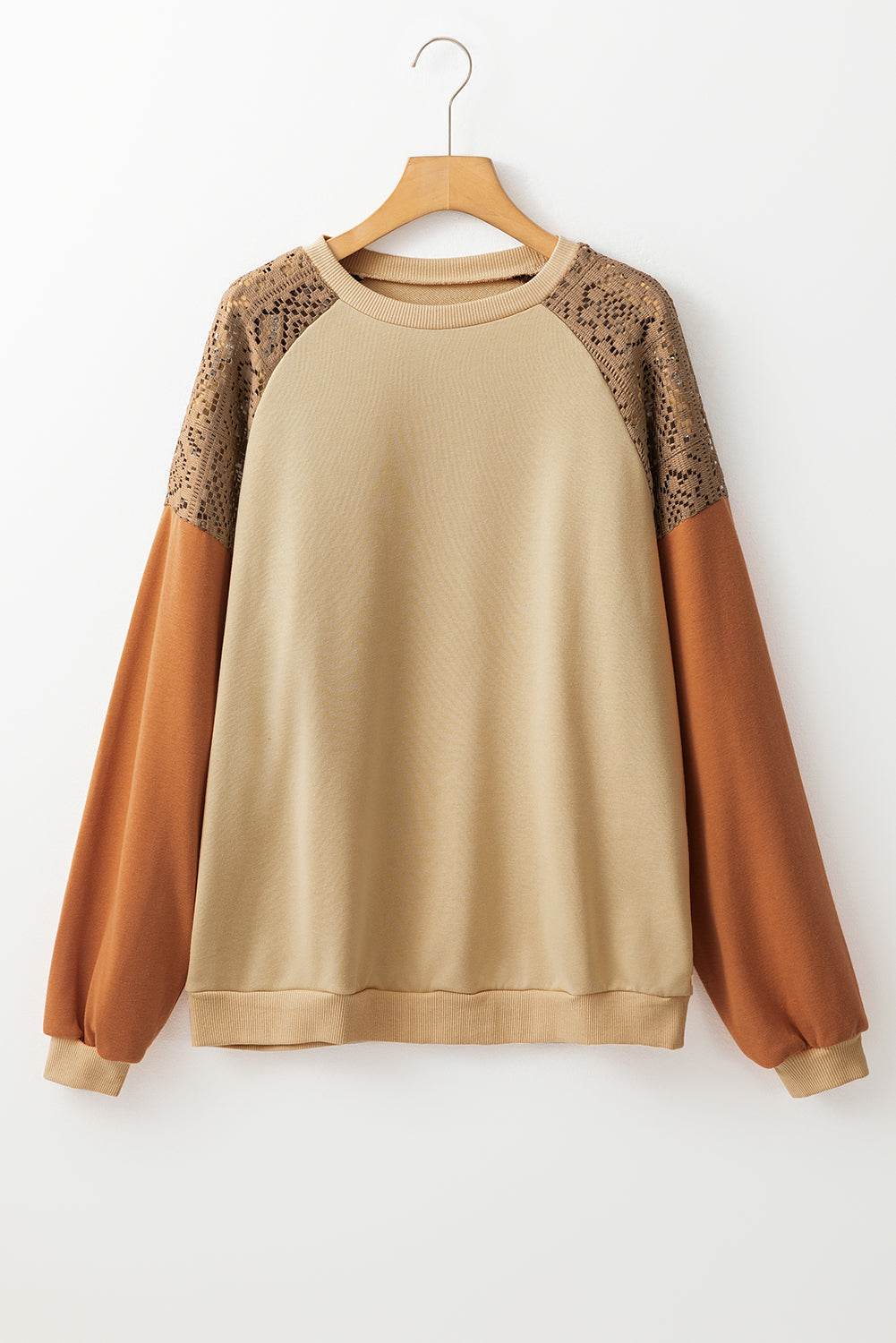 Khaki Lace Patchwork Colorblock Sweatshirt - VacationGrabs
