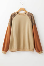 Khaki Lace Patchwork Colorblock Sweatshirt - VacationGrabs