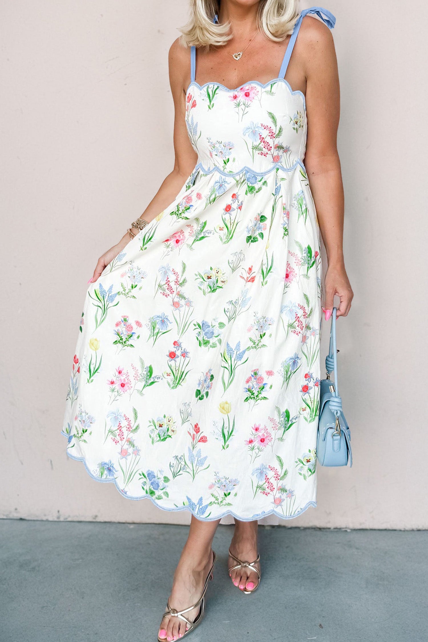Floral Contrast Trim Tie Strap Midi Dress