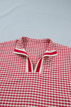 Gingham Plaid Colorblock Trim Split Neck Blouse