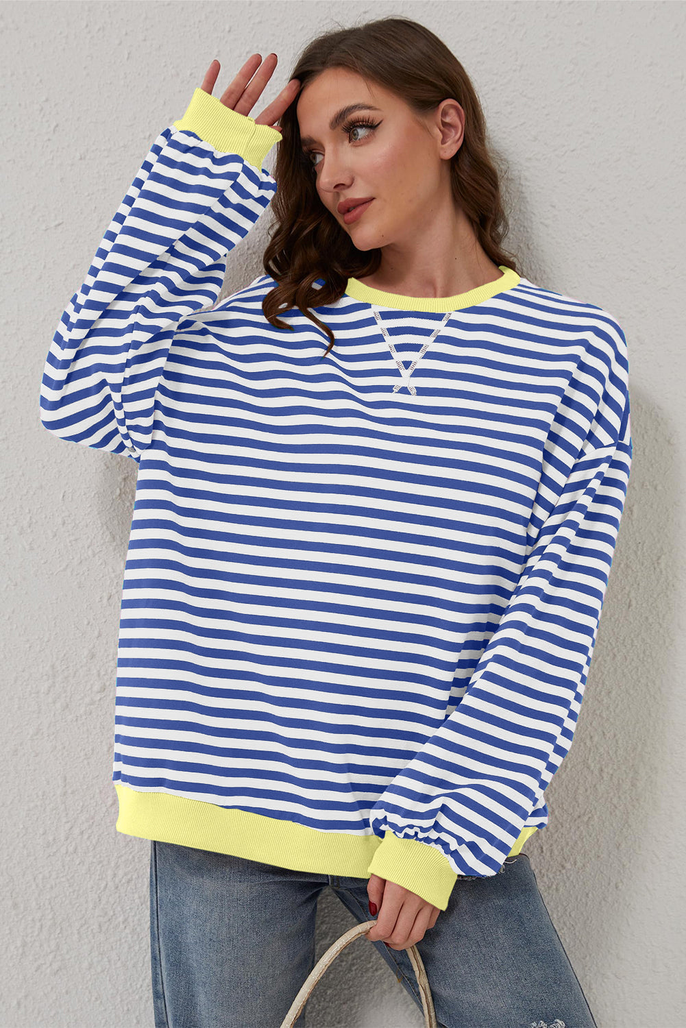 Women's Sweatshirts & HoodiesBlue Stripe Oversized Contrast Trim Pullover Sweatshirt - VacationGrabs