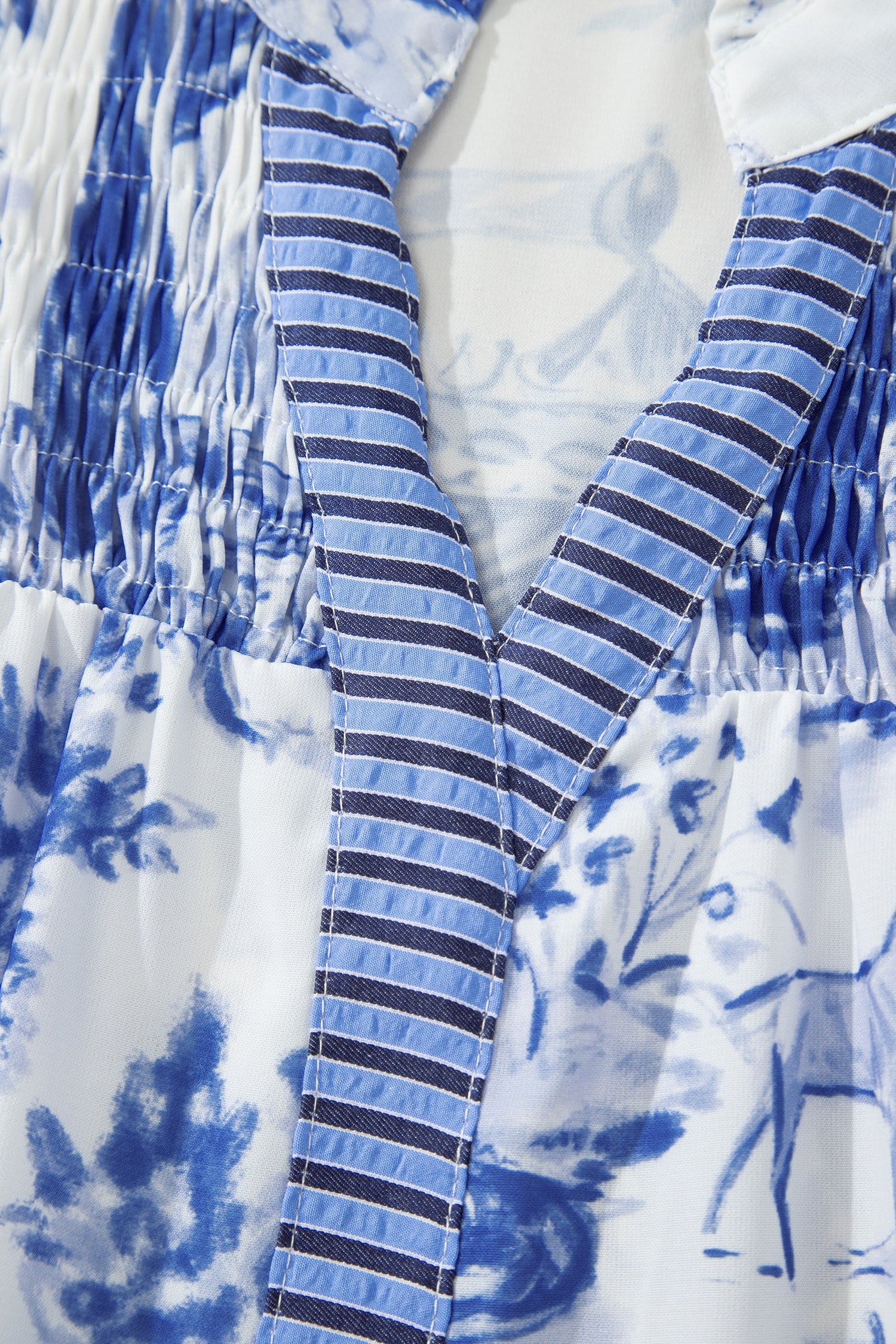 Floral Stripe Contrast V-Neck Puff Sleeve Blouse