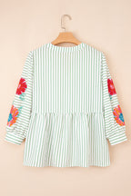 Floral Stripe Puff Sleeve Notched V-Neck Blouse