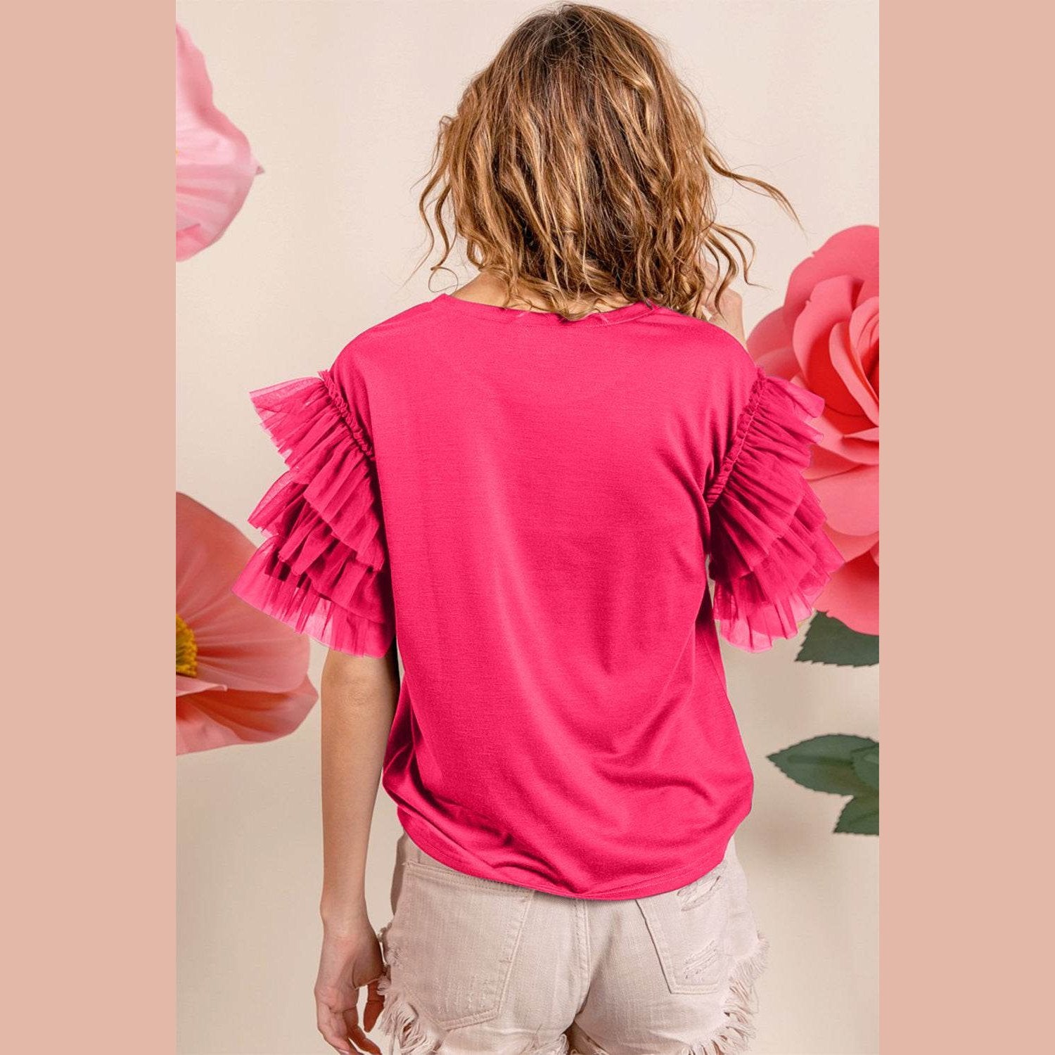 BiBi Ruffle Mesh Lace Layered Short Sleeve Top - VacationGrabs