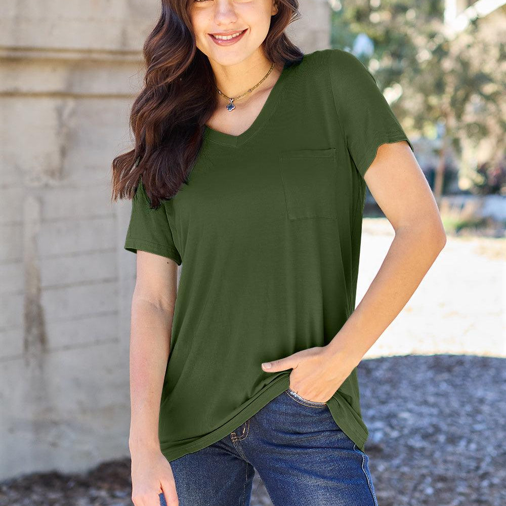 Women's Shirts Basic Bae Full Size V-Neck Short Sleeve T-Shirt