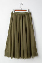 Solid Tulle Mesh Overlay Flared Midi Skirt