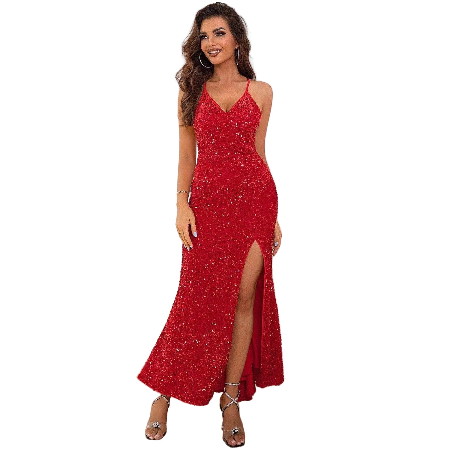 Slit Sequin V-Neck Cami Dress - VacationGrabs