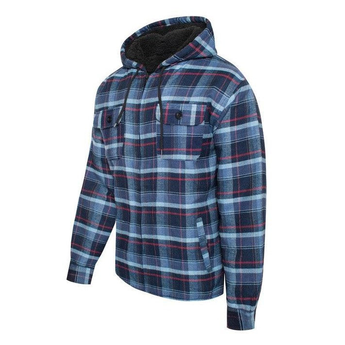 Men's Flannel Sherpa Lined Jacket with Hood - VacationGrabs