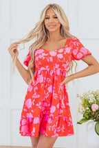 Floral Bubble Sleeve Sweetheart Neck Ruffle Mini Dress