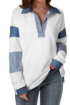 Women's Sweatshirts & HoodiesDark Blue Striped Colorblock Patchwork Collar Sweatshirt - VacationGrabs